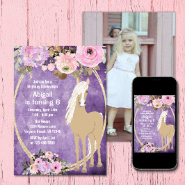 Invitación Flower Pink y Purple Flower Photo Horse Birday