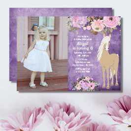 Invitación Flower Pink y Purple Flower Photo Horse Birday