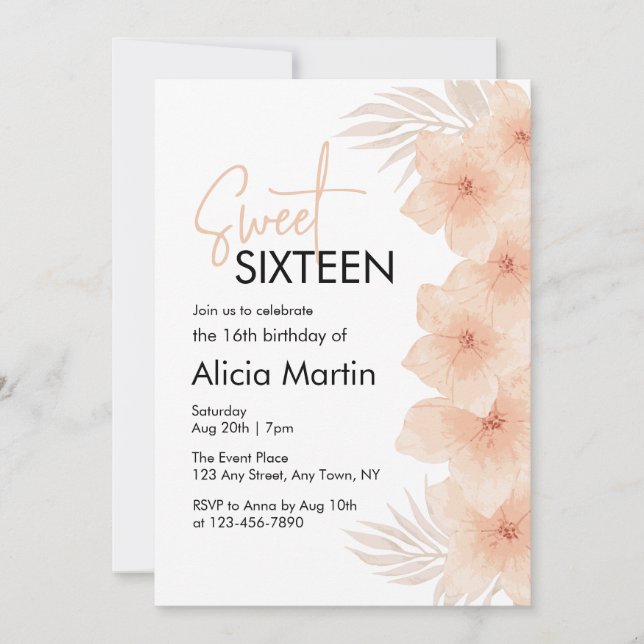 Invitación Flower Rubor Dusty Seque Palm Leaf Boho Sweet 16 (Anverso)