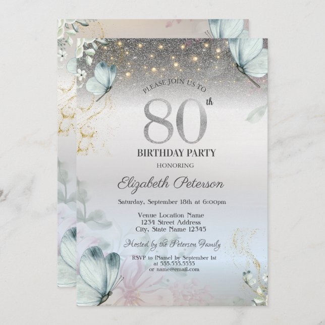 Invitación Flowers Blue Butterflies Silver 80th Birthday (Anverso / Reverso)