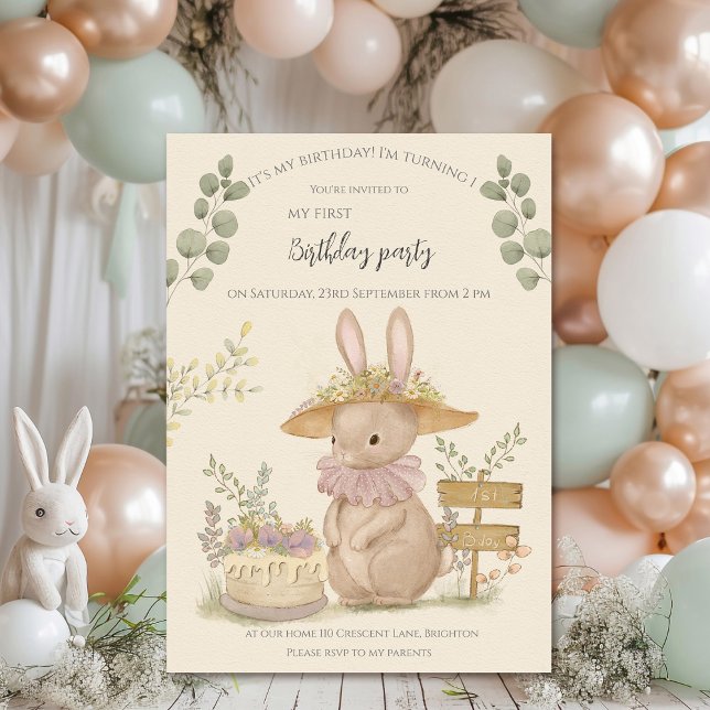 Invitación Flowers Bunnies First Birday (Subido por el creador)