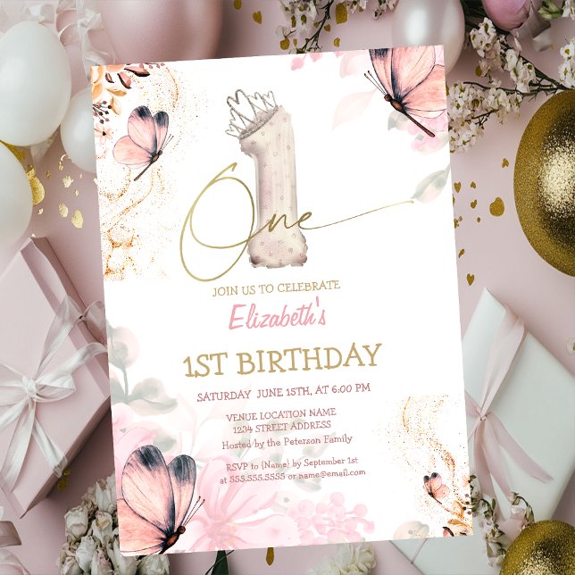 Invitación  Flowers Butterfly Striped Chic 1s Birthday (Subido por el creador)