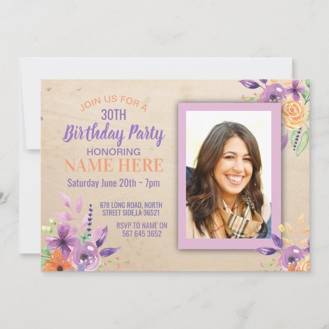 Invitación Flowers Fiesta del Cumpleaños Invitan a Purple Lil (Anverso)