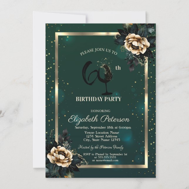 Invitación Flowers Gold Frame Green Wine Glass 60th (Anverso)