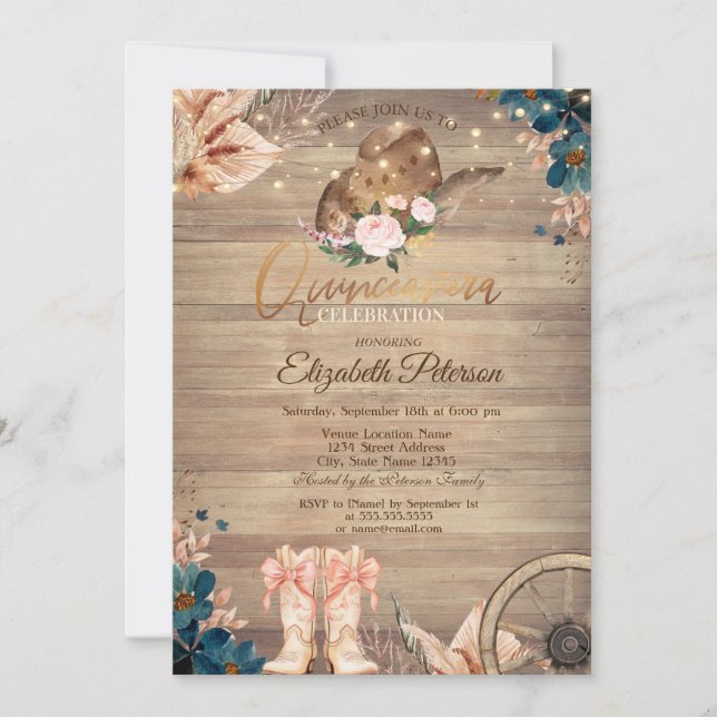 Invitación Flowers Lights Cowgirl Hat Boots Wood Quinceañera  (Anverso)