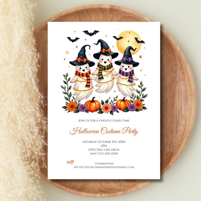Invitación Flowers lindo Bats Fiesta de Halloween (Cute Ghosts Halloween Party Invitation for kids and adults. All fields are editable)