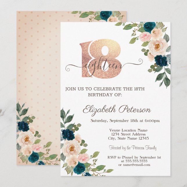 Invitación Flowers Polka Dots 18th Birthday (Anverso / Reverso)