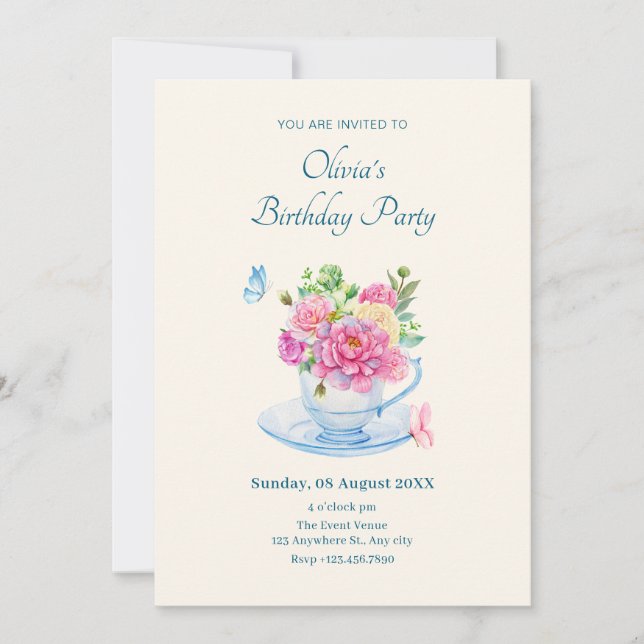 Invitación Flowers tea cup cumpleaños (Anverso)
