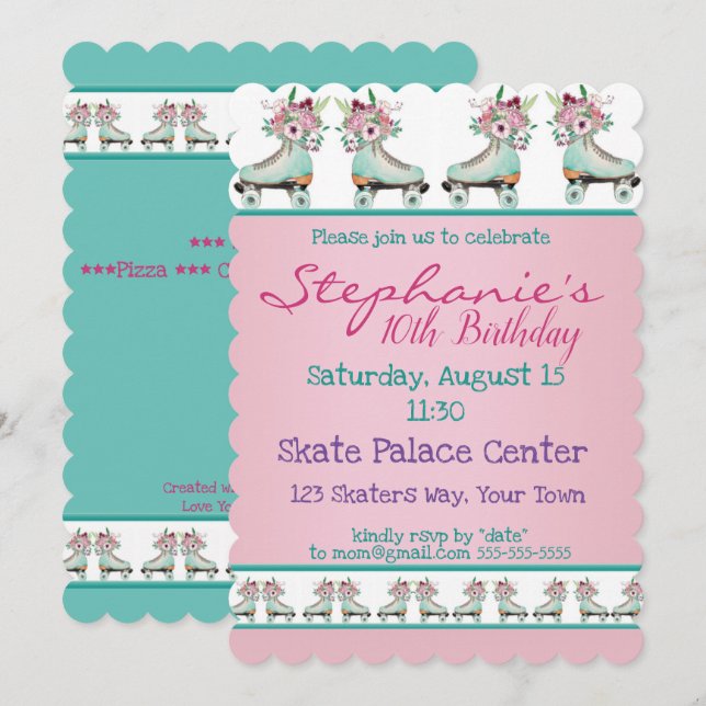 Invitación Flowery Blue Skate Fiesta de cumpleaños (Anverso / Reverso)