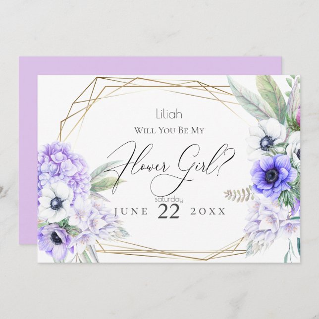 Invitación Flowgirl | Floral violeta anémona (Anverso / Reverso)