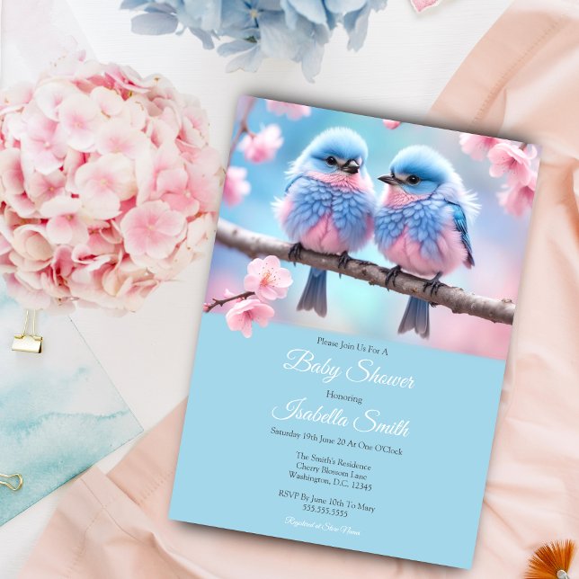 Invitación Fluffy Bluebirds y Cherry Blossom Baby Shower (A sweet baby shower invitation for twins or gender reveal party!)