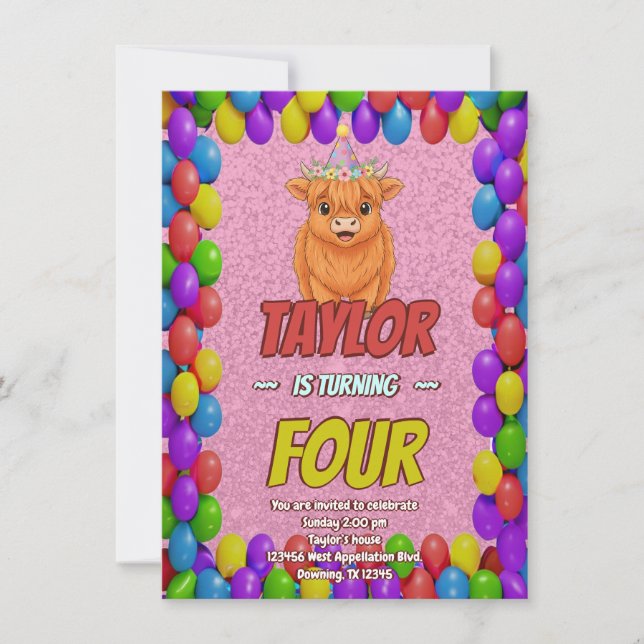Invitación Fluffy Highland Cow Birthday Invite (Anverso)