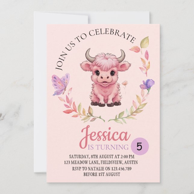 Invitación Fluffy Pink Highlands Scottish Cow (Anverso)