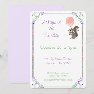 Invitación Fluffy Squirrel with Pink Balloon Birthday Custom