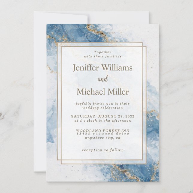 Invitación Flujo abstracto elegante azul dorado brillo (Anverso)