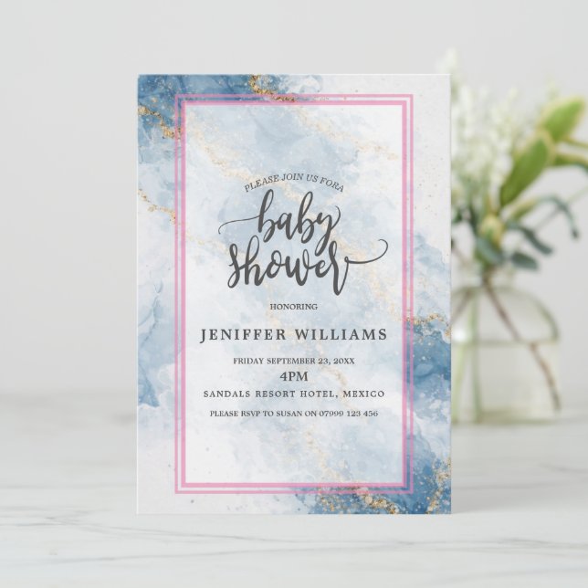 Invitación Flujo abstracto elegante azul dorado brillo        (Anverso de pie)