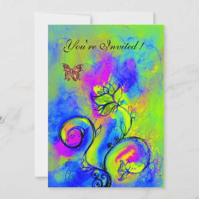 Invitación FLUJOS Y MARIPOSAS SIMILARES Púrpura amarillo azul (Anverso)