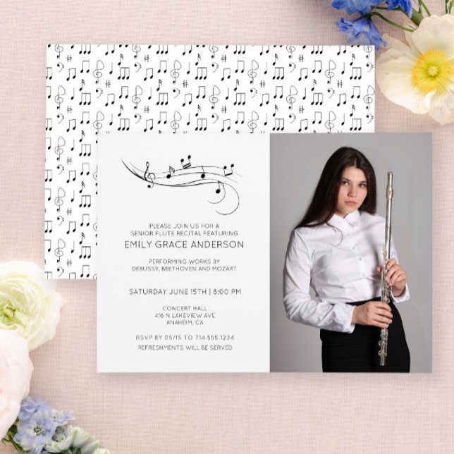 Invitación Flute Recital Notas Musicales Foto en blanco y neg (Easily personalize this recital invite with your photo and details.)