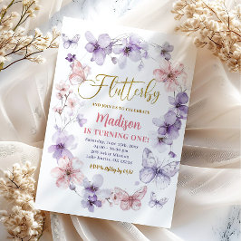 Invitación Flútero morado rosado floral cumpleaños de maripos