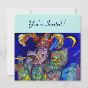 Invitación FLUTISTA EN AZUL ,papel metálico de oro