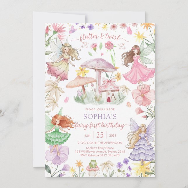 Invitación Flutter and Twirl Fairy First 1st Birthday (Anverso)