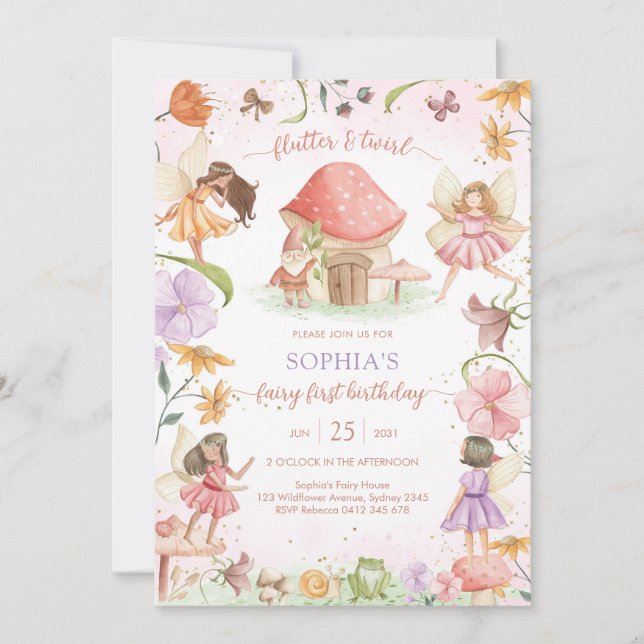 Invitación Flutter and Twirl Fairy First 1st Birthday (Anverso)