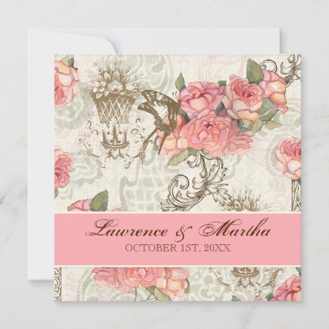 Invitación Flutterbyes 'n Rosas Elegante Boda - Rosa (Anverso)