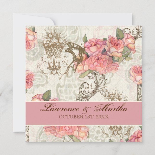 Invitación Flutterbyes 'n Rosas Elegante Boda - Rosa (Anverso)
