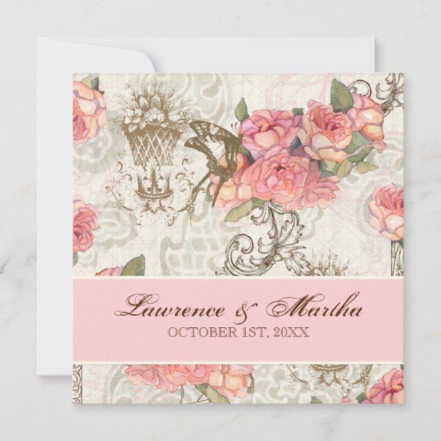 Invitación Flutterbyes 'n Rosas Elegante Boda - Rosa (Anverso)