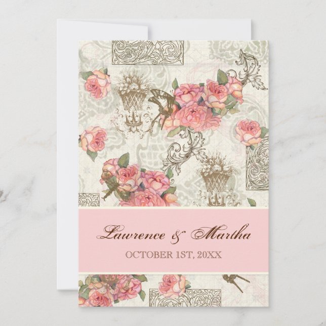 Invitación Flutterbyes 'n Rosas Elegante Boda - Rosa (Anverso)
