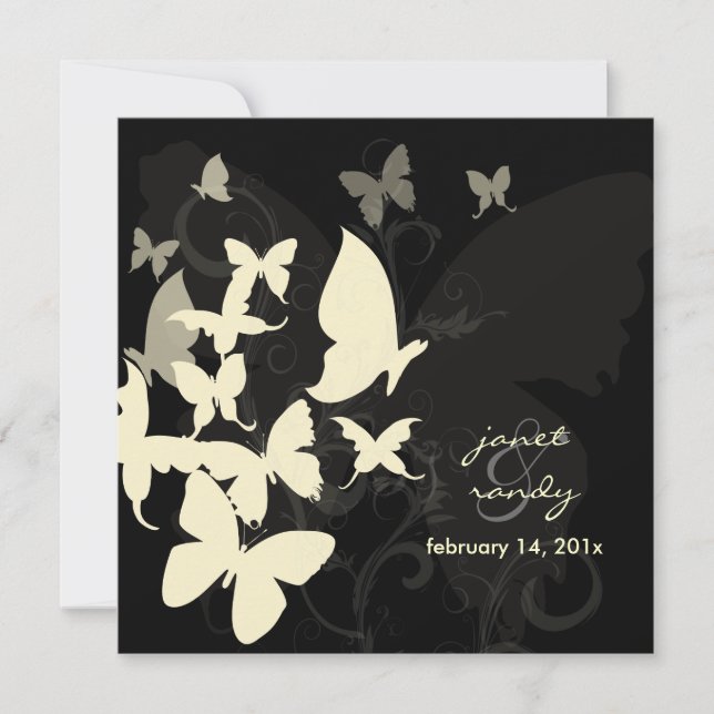 Invitación Fluyendo por... crema de mariposas/negro (Anverso)