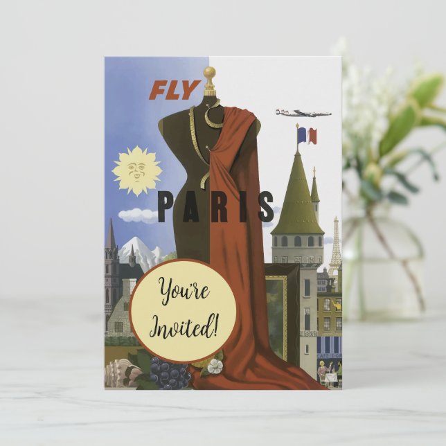 Invitación Fly Paris Francia Vintage Travel Poster (Anverso de pie)