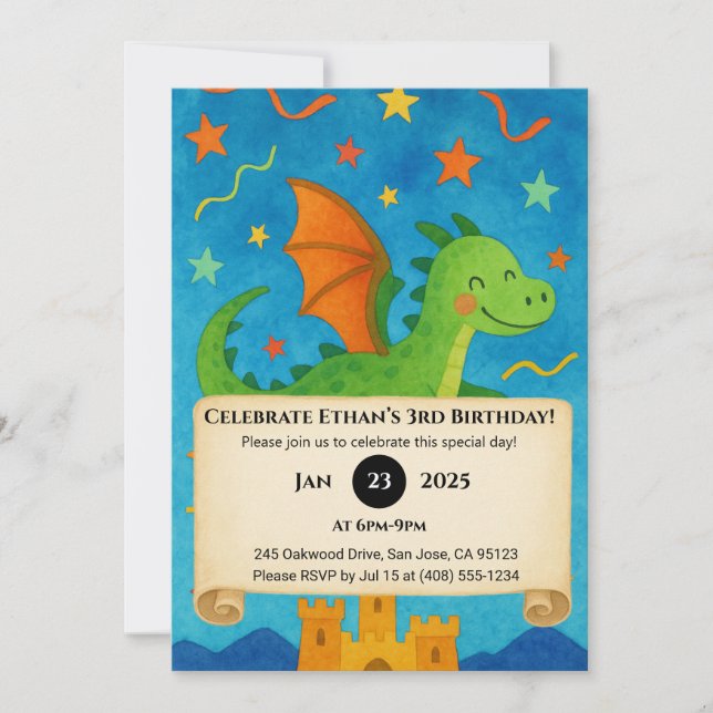 Invitación Flying Green Dragon Over Starry Castle Birthday (Anverso)