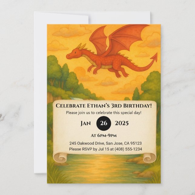 Invitación Flying Red Dragon Over Enchanted Forest Birthday (Anverso)