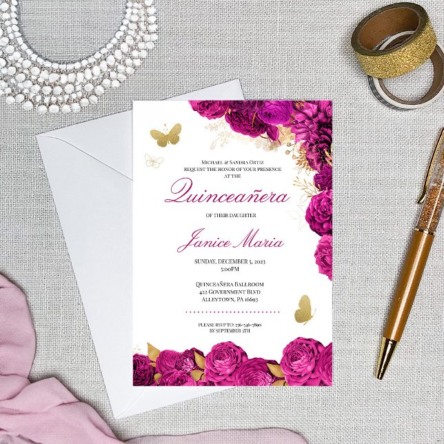 Invitación Foco floral de oro rosa caliente Quinceañera (Subido por el creador)