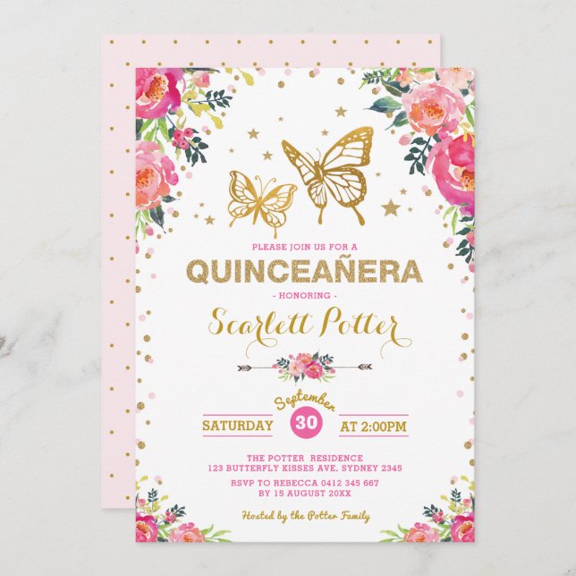 Invitación Foco floral de oro rosa Quinceañera Cumpleaños (Anverso / Reverso)