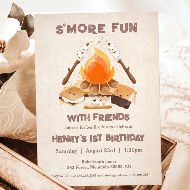 Invitación Fogata divertida de Cute S'more Primer Cumpleaños (Cute S'more Fun Campfire 1st Birthday Invitation)