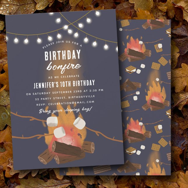 Invitación Fogata y campamento de cumpleaños al aire libre (Bonfire & Camping Outdoor Campfire Birthday Party Invitation)