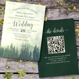 Invitación Foggy Green Mountain Pines Rustic QR Code Boda