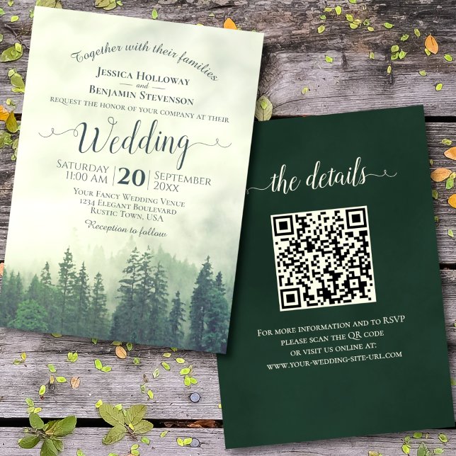 Invitación Foggy Green Mountain Pines Rustic QR Code Boda (Front/Back)