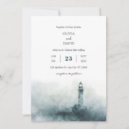 Invitación Foggy Lighthouse Morning Watercolor Beach Wedding