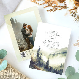 Invitación Foggy Mountain Pines Rustic QR Code Boda