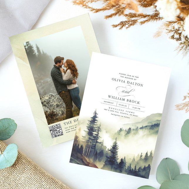 Invitación Foggy Mountain Pines Rustic QR Code Boda (Foggy Mountains Woodland Wedding Photo Invitation)
