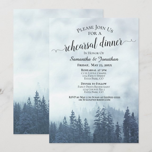 Invitación Foggy Pine Woods Boda azul ensayo y cena (Anverso / Reverso)