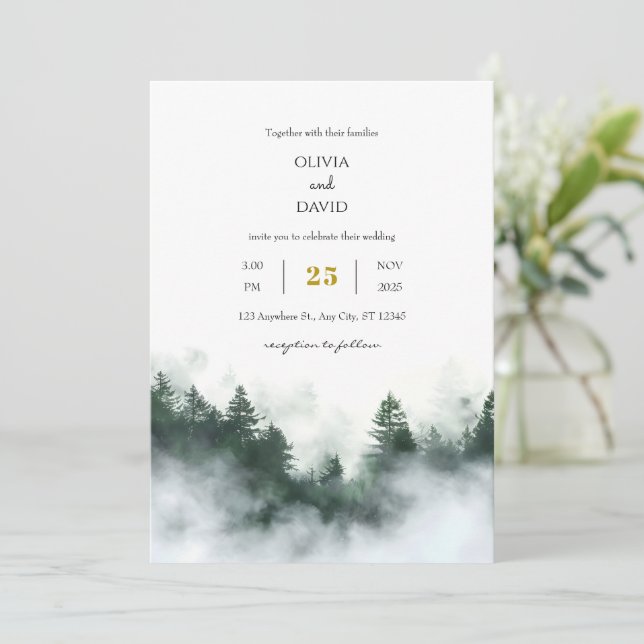 Invitación Foggy Seaside Green Woodland Forest Beach Wedding (Anverso de pie)