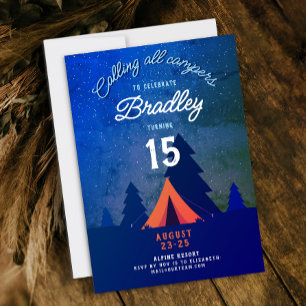 Invitación Fogueira Fresca Azul Campamento Glamping 15 Bosque