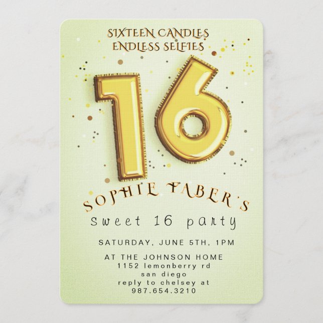 Invitación Foil Balloon Sweet Sixteen Birthday Party  (Anverso)