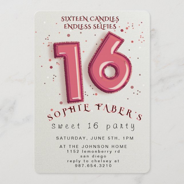 Invitación Foil Balloon Sweet Sixteen Birthday Party  (Anverso)