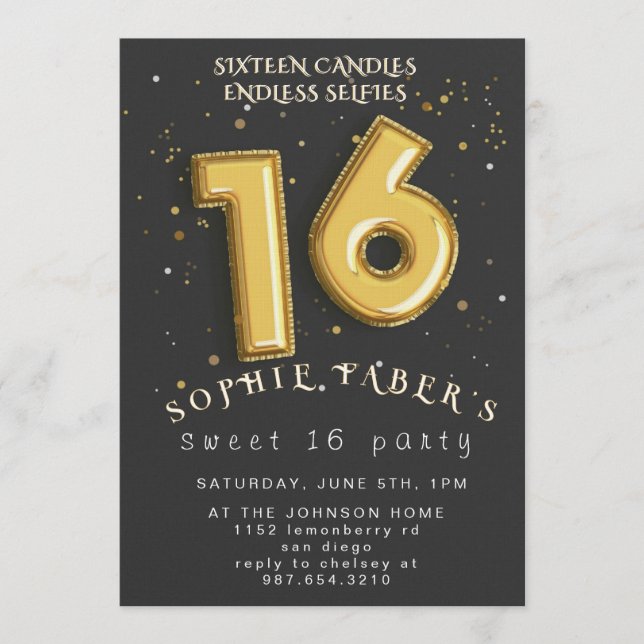 Invitación Foil Balloon Sweet Sixteen Birthday Party  (Anverso)