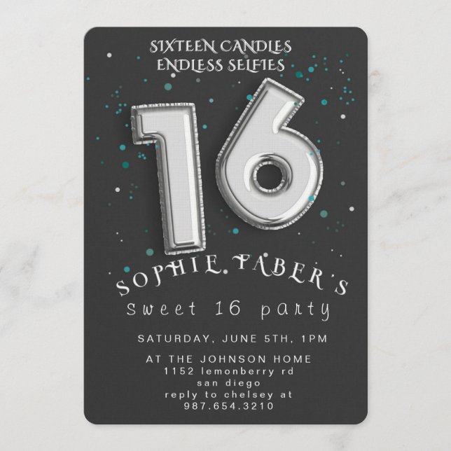 Invitación Foil Balloon Sweet Sixteen Birthday Party  (Anverso)